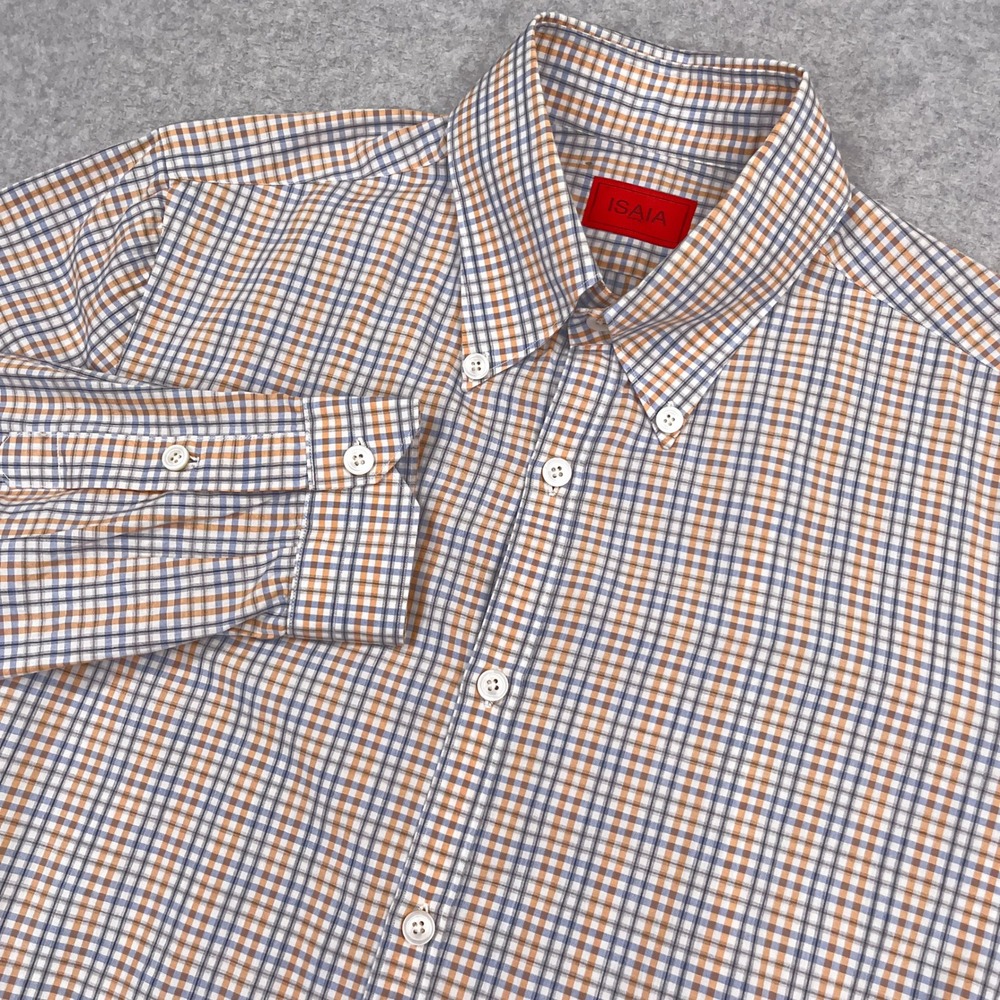 Isaia Napoli Shirt Mens 15.75 40 Orange Gray Plaid Check Long Sleeve Button Down